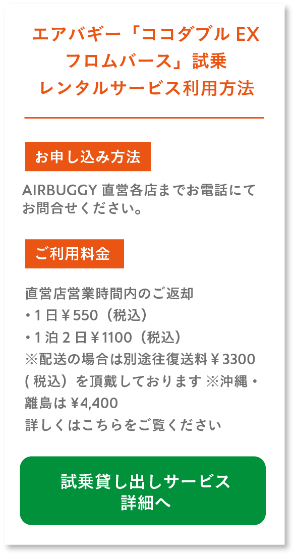 エアバギー「ココダブルEXフロムバース」試乗レンタルサービス利用方法