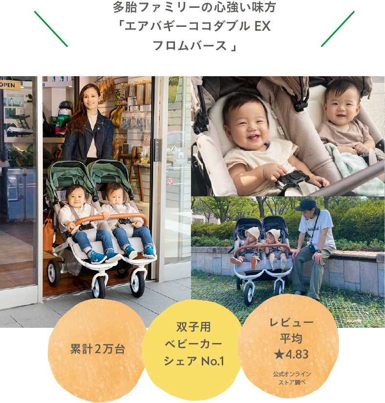 多胎ファミリーの心強い味方「エアバギーココダブルEXフロムバース」双子用ベビーカーシェアNo.1、累計2万台ロングセラー