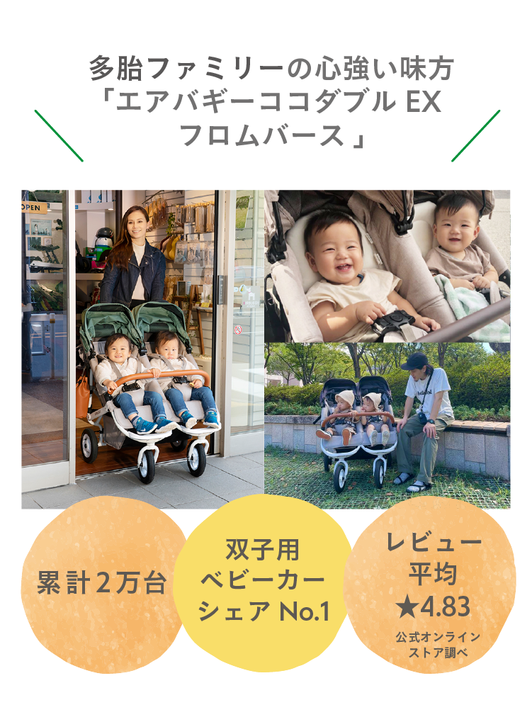 多胎ファミリーの心強い味方「エアバギーココダブルEXフロムバース」双子用ベビーカーシェアNo.1、累計2万台ロングセラー